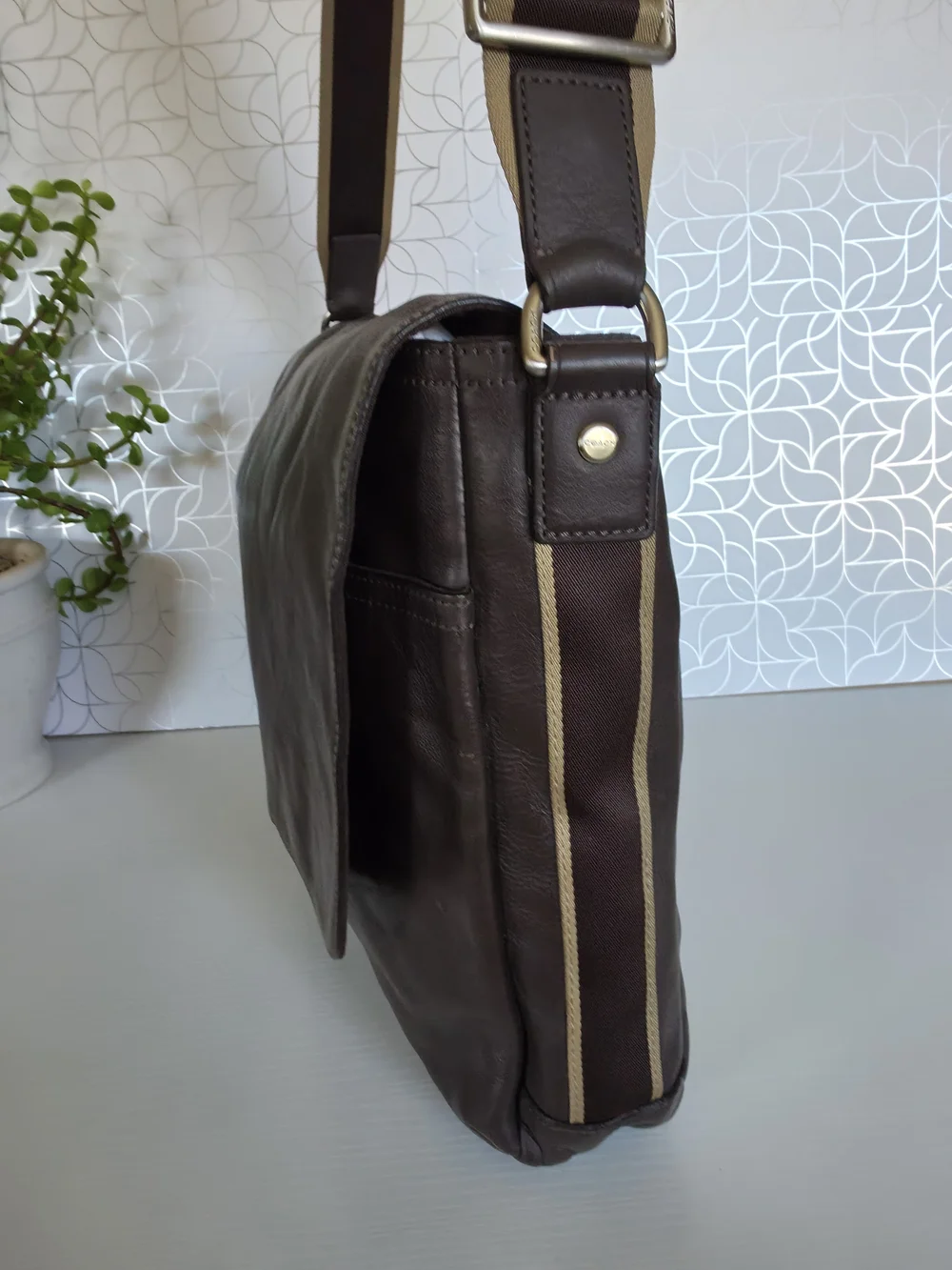 Coach Dark Brown Leather Messenger Bag with Striped Adjustable Strap